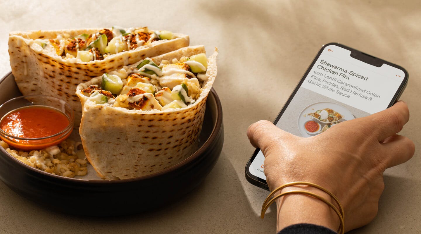 Chicken pita on a plate with a hand holding a phone with the Tovala app open